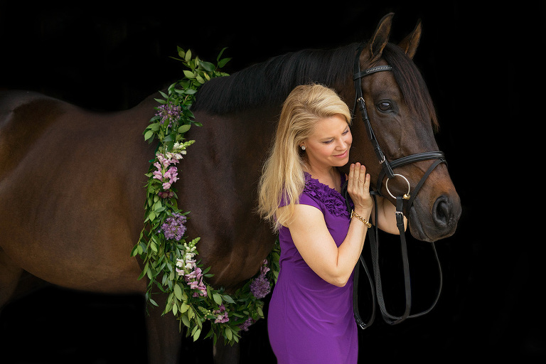 Fine art horse portraits on black background with floral neck wreath by Sweet Fresno Equine Photography in Canton, Georgia