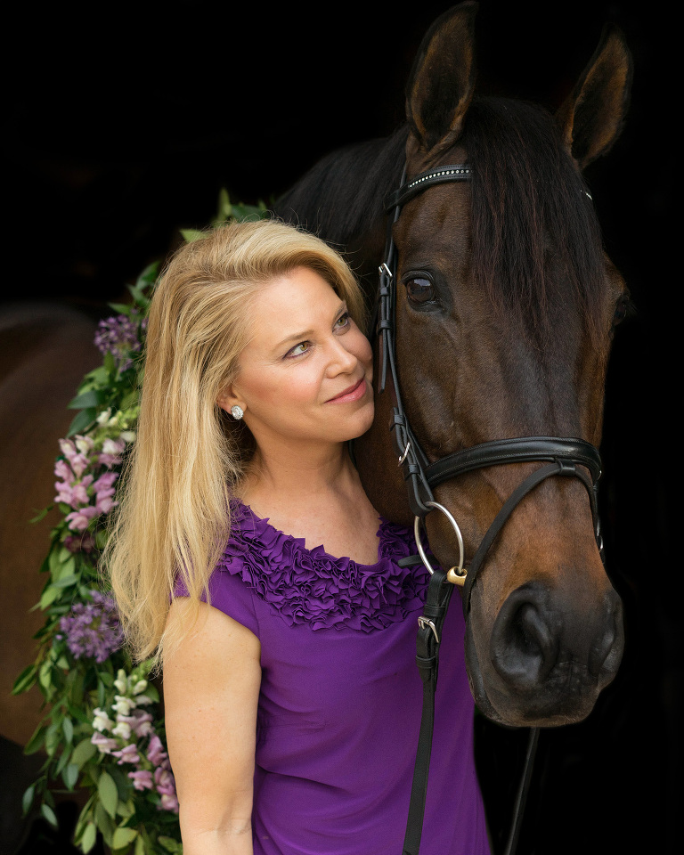 Fine art horse portraits on black background with floral neck wreath by Sweet Fresno Equine Photography in Canton, Georgia