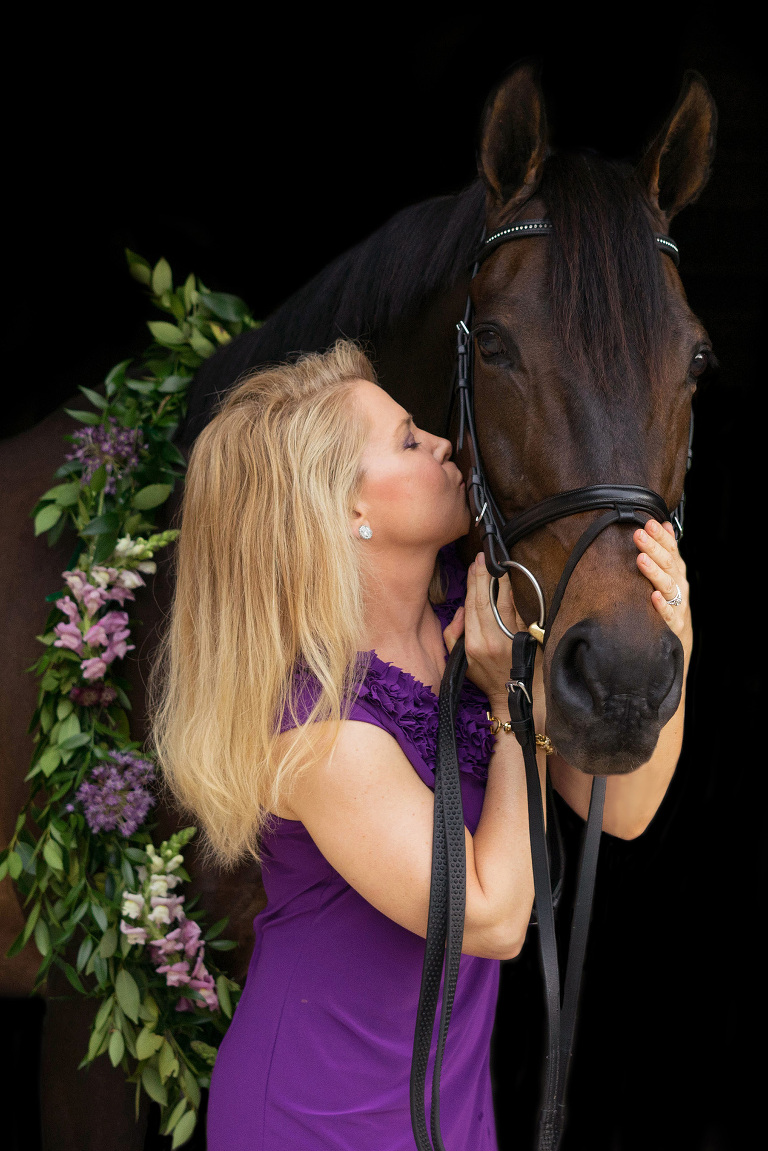 Fine art horse portraits on black background with floral neck wreath by Sweet Fresno Equine Photography in Canton, Georgia